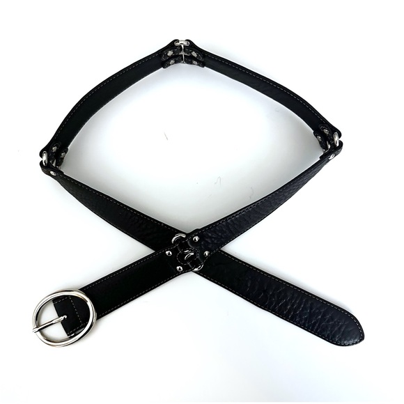 Cole Haan Black Belt Double Ring Pebbled Leather Silver Tone Hardware Belt - Picture 3 of 8